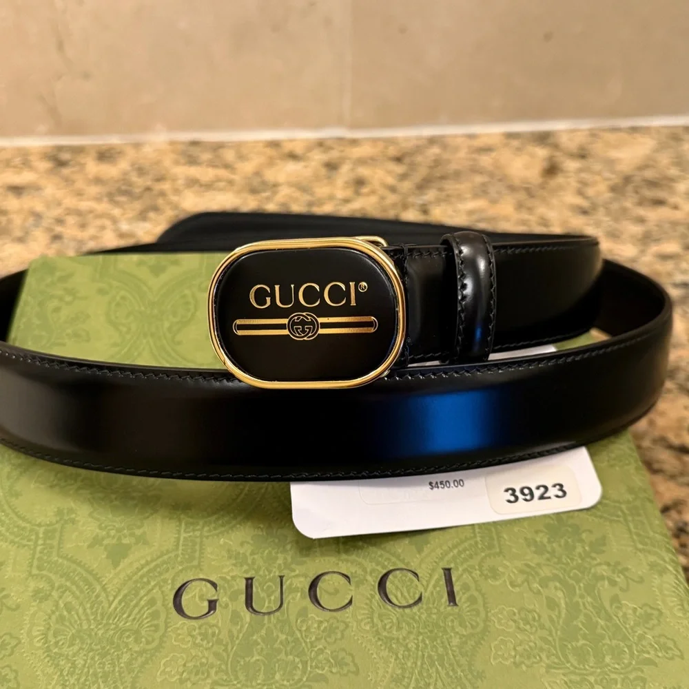 Gucci Leather Belt Black with Gold Buckle